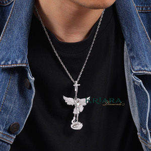 Colgante Unisex de Moissanita con Corte Brillante Redondo Estilo Hiphop del Arcángel Miguel, Chapado en Rodio/Plata 925 y Oro de 18K, Amuleto Religioso - Product Image 4