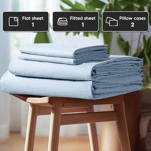 100% Linen Woven Modern Grade 4-Piece Bed <b>Sheet</b> <b>Set</b> Dusty Blue Color 100TC Solid Pattern Eco-Friendly All-Season - Product Image 2
