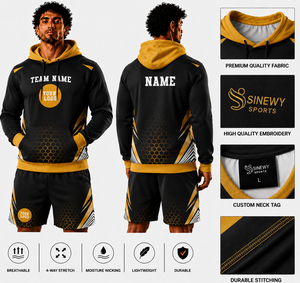 Custom Sublimation Printed Men's Hoodie 100% Cotton Black Gold Geometric Design Pocket Breathable Regular Fit Winter Casual Wear - Product Image 1