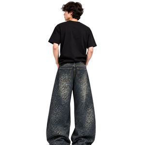 <b>Men's</b> Grey Leopard <b>Print</b> Baggy Jeans Wide Leg Washed Denim Pants Vintage Streetwear Fashion <b>Trousers</b> for <b>Men</b> Custom OEM ODM Wear - Product Image 2