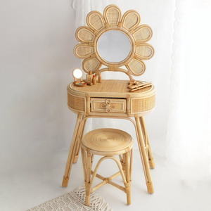 Preschooler dress up play vanities rattan vanity set kid makeup <b>table</b> with mirror and chair - Product Image 2