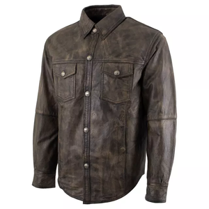 Men's Brown Crocodile Texture Leather <b>Shirt</b> Short Sleeve <b>Button</b> Down Collar Workwear Style Summer Dress <b>Shirt</b> - Product Image 4