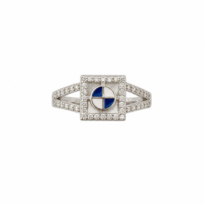 White Gold Enamel Diamond <b>Ring</b> Square Halo Bridal Band Blue and White Round Center Jewelry for Women - Product Image 1