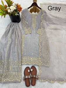 Material de Vestido de Diseñador Sharara Garara, Colección de Vestidos de Novia Pakistaníes de Diseñador, Traje Sharara con Kameez Largo Completamente Cosido - Product Image 4