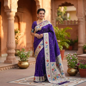 <b>Purple</b> Silk <b>Saree</b> With Floral And Peacock Embroidery Women Traditional Wedding Wear Indian Pakistani Style - Product Image 4