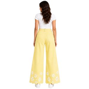 Pantalones Anchos de Mezclilla para Mujer, Color Amarillo Pastel, Bordados con Flores, Cintura Alta, Estilo Palazzo, Personalizables con Etiqueta Privada, Moda Casual - Product Image 2