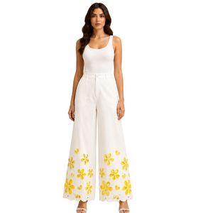 Manufacturer White Wide Leg Embroidered Pants For Women Yellow Floral Cotton Casual High Waist Palazzo <b>Trousers</b> Custom Apparel - Product Image 1