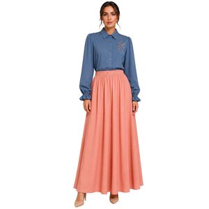 Ensemble chemisier et jupe longue brodés pour femme, bleu acier et pêche, manches longues, boutonnage, taille haute, tenue modeste deux pièces OEM - Product Image 1