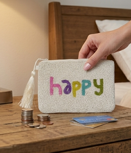 Beaded Tassel <b>Pouch</b> With Happy Embroidery Multicolor Letters Cream Background - Product Image 6