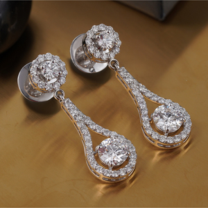 14K White Gold <b>Fine</b> Dangle <b>Earrings</b> 3.72 CT Round Lab Grown Diamond Teardrop Halo Dangle Elegant and Luxurious Style - Product Image 4