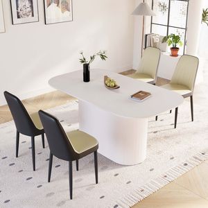 Tavolo da Pranzo in Stile Moderno Medievale da 160 cm in MDF Color Crema con Set di 4 Sedie da Pranzo in PU, Piano in Metallo Nero e Gambe in Metallo - Product Image 3