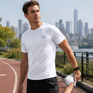 T-shirt de performance blanc à manches courtes pour homme, séchage rapide, col rond, coupe classique, décontracté, avec logo imprimé sur le devant - Product Image 5