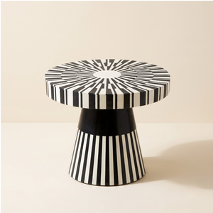 Wholesale Supplies Black And <b>White</b> Bone Inlay Nightstand Modern Sunburst Stripe <b>Round</b> <b>Bedside</b> <b>Table</b> Luxury Pedestal Furniture - Product Image 1