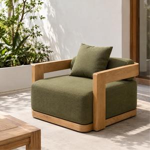 Fauteuil de relaxation en teck massif avec coussin rembourré, meuble d'appoint pour salon intérieur - Product Image 1