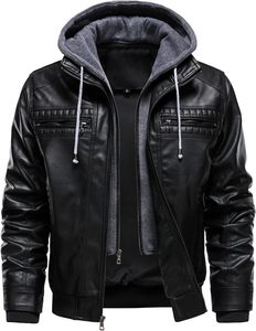 <b>Men</b> Black PU <b>Leather</b> Moto Biker <b>Jacket</b> Hooded Zipper Front Solid Color Autumn Style Slim Fit Regular Sleeve - Product Image 5