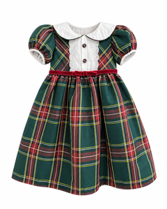 Vestido clásico a cuadros para niñas con cuello Peter Pan y ribete de encaje |   Elegante Vestido para Fiesta Navideña - Product Image 1