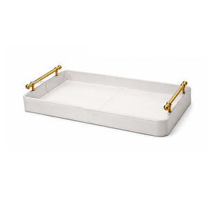 Bandeja Rectangular de Cuero Blanco para Servir con Asas Doradas, Acabado Metálico Pulido de Color Sólido, Uso Residencial - Product Image 1
