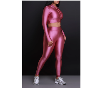 <b>Women</b> Pink Hooded Long Sleeve Crop Top High Waist Leggings <b>Set</b> Solid Color Spandex Polyester Gym Wear Full Length Trendy - Product Image 4