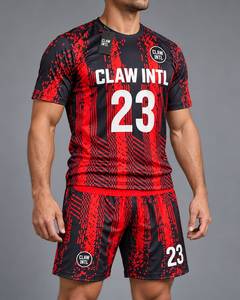 Maillot de football CLAW INTL pour homme, rouge et noir, sublimé, col rond, manches courtes, en polyester respirant, coupe athlétique - Product Image 5