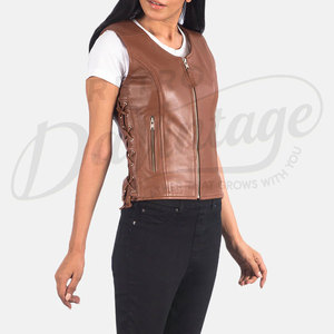 Premium <b>Women</b> <b>Brown</b> Real Leather <b>Vest</b> Side Lace Up Design Slim Fit Sheepskin Motorcycle Waistcoat Classic Biker Gilet - Product Image 2