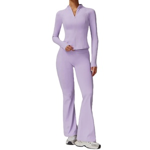 Conjunto de mallas deportivas de cintura alta para mujer, Top de manga larga sin costuras acanalado, ropa de entrenamiento de Yoga transpirable con cierre de cordón - Product Image 1
