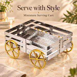 Bandeja Rectangular de Acero Inoxidable Martillado Estilo Rickshaw para Servir Frutas y Nueces, Plateada con Ruedas Doradas - Product Image 2