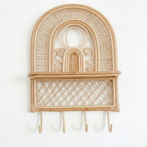 Rattan Wall <b>Shelf</b> With <b>Hooks</b> And Storage Basket Tropical Style For Kids Room Decor - Product Image 3