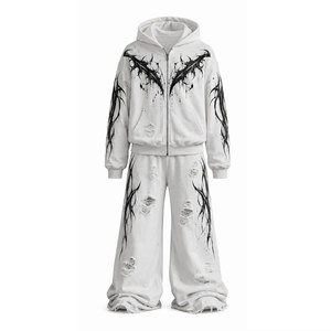 Ensemble de survêtement unisexe imprimé gothique, sweat à capuche et pantalon de survêtement, manches longues, coupe ample, blanc, noir, tribal, streetwear d'automne - Product Image 2