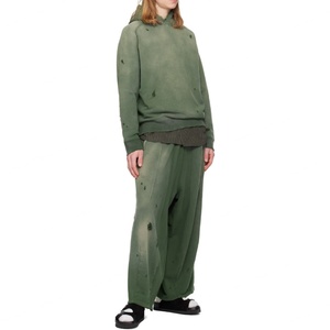 Unisex Olive Green Distressed French Terry Hoodie and Wide Leg Sweatpants Set with Sun Faded Garment Dye Frayed Slouchy Fit - Product Image 1