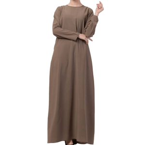 Robe Abaya longue marron à manches longues pour femme, en coton uni, col rond, coupe ample, style Moyen-Orient, pour usage quotidien - Product Image 2