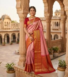 Elegante Saree de Seda Rosa Pálido y Rojo con Borde Dorado Zari, Perfecto para Bodas, Fiestas y Eventos, Saree de Lujo Tejido a Mano - Product Image 3