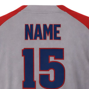Camiseta de béisbol personalizada en rojo y gris con nombre del equipo, detalles personalizados del jugador y producción rápida - Product Image 6