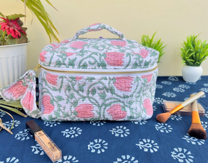 Vintage Handblock Print Quilted Cotton Zipper Closure <b>Large</b> Water Resistant Makeup <b>Bag</b>-Women's Travel Cosmetic Storage & <b>Gift</b> - Product Image 3