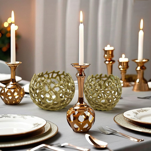 Handmade Decorative <b>Round</b> Candle Holder Set-Aluminum Brass Finish in Gold & Black for Home Decor and Christmas - Product Image 1