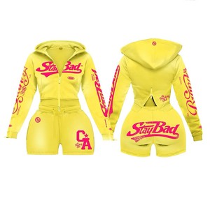 Two Piece <b>Set</b> Women Above Knee Summer Clothing Custom Brand Logo Embroidery 100% Cotton Jacket and Shorts Tracksuits for Women - Product Image 2