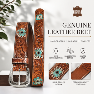 Premium Hand <b>Tooled</b> Genuine Leather <b>Belt</b> for Men Floral Carved <b>Belt</b> with Turquoise Concho Accents - Product Image 4