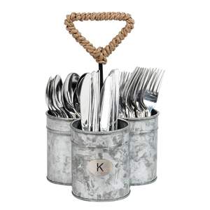 Porta cubiertos de metal galvanizado estilo rústico con 3 compartimentos y mango de madera, organizador de utensilios de cocina para mesa de comedor. - Product Image 2