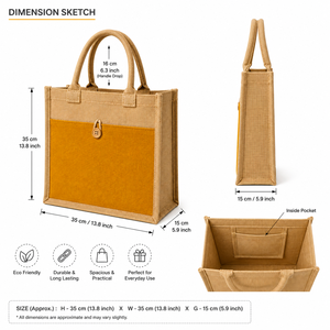 Sac fourre-tout réutilisable en jute de taille moyenne avec fermeture à bouton, poignée longue, couleur moutarde, option logo personnalisé, pour courses - Product Image 2