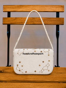 Bolso de Mano con Cuentas de Sol, Luna y Estrella, Moderno, Ligero, Ecológico, Bolso de Hombro Blanco, Artesanal, Bordado |   Personalizado - Product Image 2