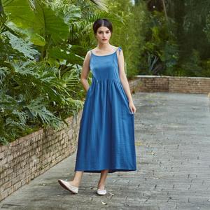 Robe longue décontractée d'été pour femme en coton et lin bleu, sans manches, coupe ample, style bohème - Product Image 3