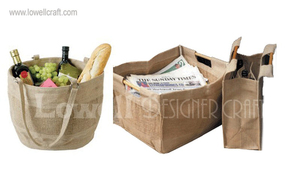 Panier de pique-nique en jute avec bouteilles de vin, raisins et pain, sac réutilisable rustique pour usage extérieur - Product Image 5