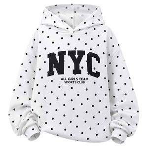 Sudadera con Capucha Blanca de Mujer con Estampado de Puntos y NYC, Oversize, Hombros Caídos, de Algodón Tejido, Estilo Casual Urbano para Otoño - Product Image 1