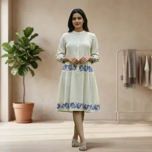 Womens Cream Embroidered Cotton Midi Dress Mandarin Collar <b>Three</b> Quarter Sleeves Pleated Bodice A Line Casual Elegant SummerWear - Product Image 6