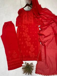 ชุดเสื้อผ้าปักลายดีไซเนอร์ จอร์เจตต์ พร้อมผ้าคลุมไหล่ สีแดง รุ่น 77820 - Product Image 5