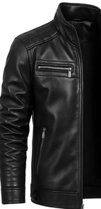 Blouson moto en cuir noir pour homme, col montant, fermeture éclair, coupe ajustée, pour l'automne - Product Image 4