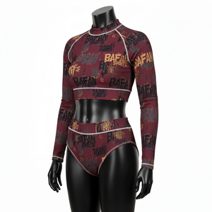 Conjunto de bikini de alta calidad de 185 GSM en poliéster y spandex, color burdeos, tejido elástico de punto acanalado, con estampado completo y logotipo transferido por calor, para mujer. - Product Image 4