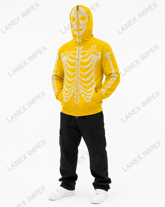 Men’s Yellow Skeleton Rhinestone Hoodie with Full Zip Balaclava Mask Crystal Skull Bone Pattern <b>Gothic</b> Hip Hop Streetwear <b>Jacket</b> - Product Image 3