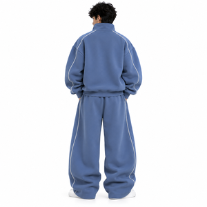 Ensemble de survêtement 2 pièces premium pour homme, bleu-gris, coupe oversize, pull à col montant zippé, pantalon large avec passepoil contrastant, hiver, OEM - Product Image 2