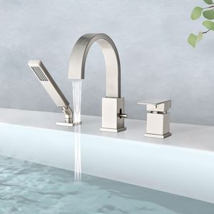 Set rubinetto vasca idromassaggio a 3 fori con doccetta e soffione a cascata, montaggio su piano, per bagno e doccia - Product Image 4