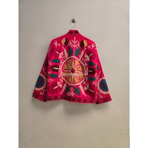 Fezan Handmade Velvet Suzani Embroidery Floral <b>Pattern</b> <b>Quilted</b> <b>Jacket</b> Stand Collar Two Side Pockets Quick Dry Cotton Velvet Made - Product Image 5